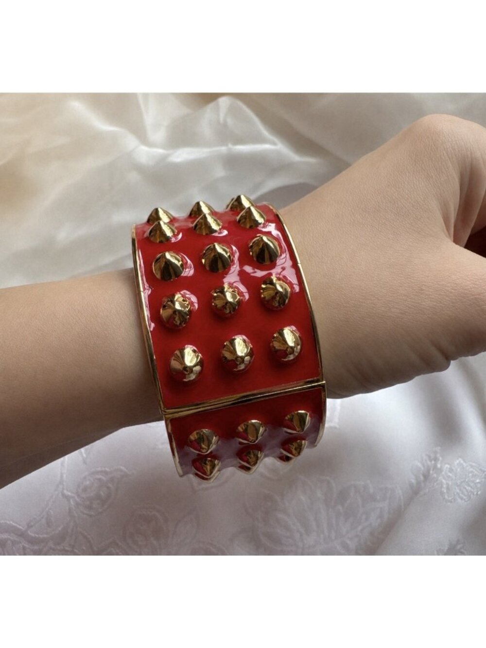 Red Gold Enamel 1.5" Wide Studded Retro Style Hinged Bangle Bracelet  NEW